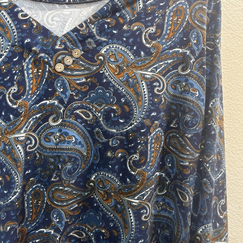Folunsi Blue Orange Paisley Print Pullover Blouse Shirt Top Long Sleeve Plus 3X - Picture 7 of 12